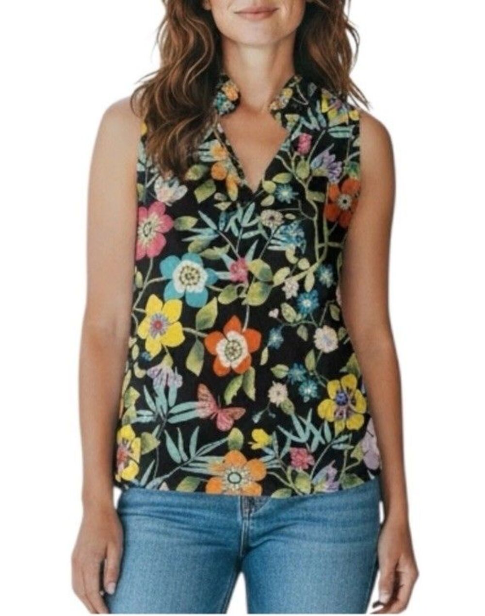 J. Crew Liberty Print Black Floral Print Ruffle Neck Sleeveless Top 10